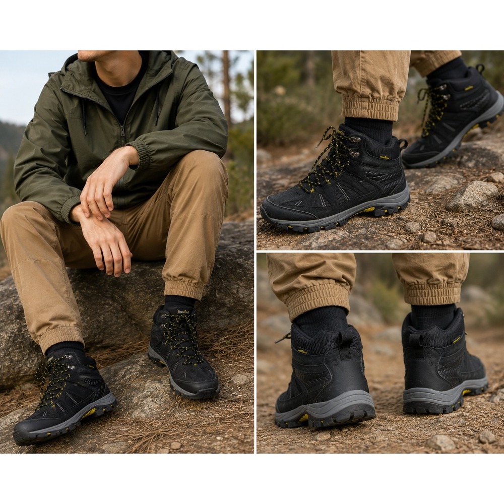 Goodyear Teton Mens Hiking Boots Black Leather Textile Mid Top GY801401 Size 9.5